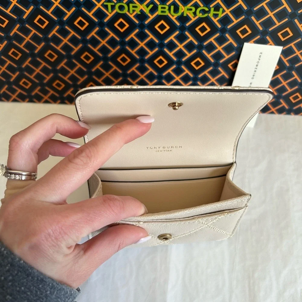 Tory Burch Willa Card Case Brie Gold White Cream